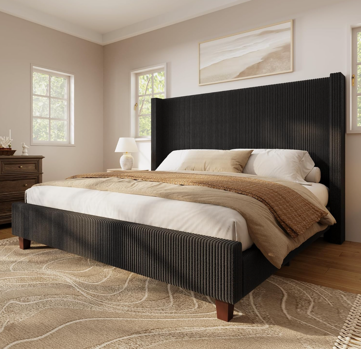 Modern Upholstered Platform Bed, Solid Wood Slats, No Box Spring Needed