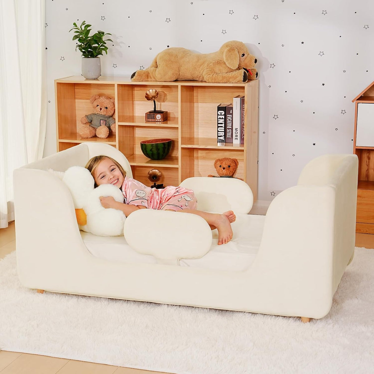 Toddler Bed Frame, Toddler Bed Upholstered, Low Profile Kids Beds with Safety Guardrails Floor Beds with Wood Slats for Girls Boys Children Aged 3-7 Years Old - Crib Size/Pink