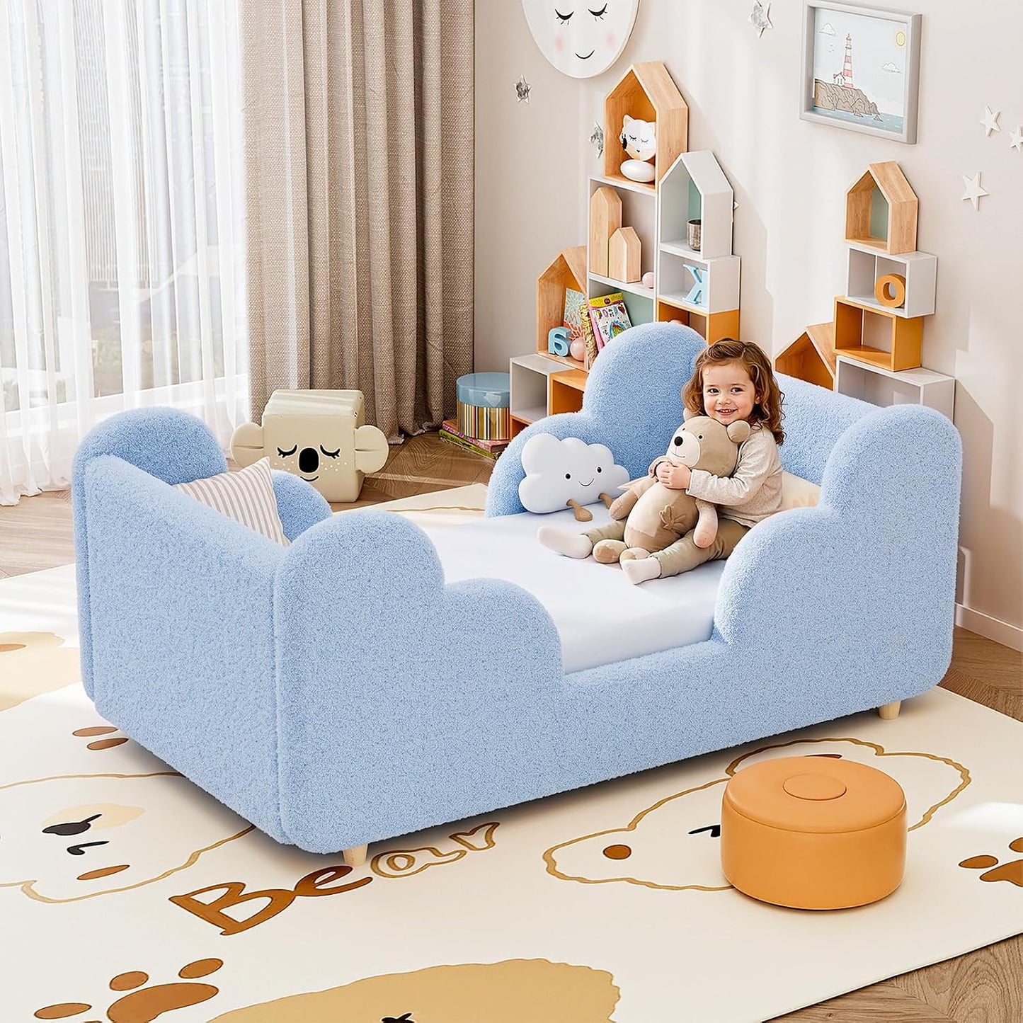Toddler Bed Frame, Toddler Bed Upholstered, Low Profile Kids Beds with Safety Guardrails Floor Beds with Wood Slats for Girls Boys Children Aged 3-7 Years Old - Crib Size/Pink