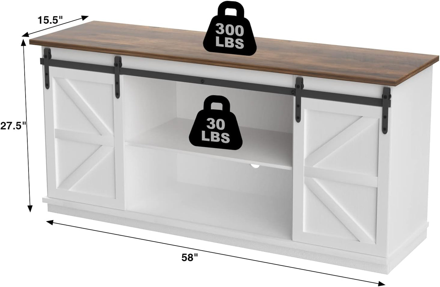 Farmhouse TV Stand with Sliding Barn Doors, Storage Cabinets & Adjustable Shelves