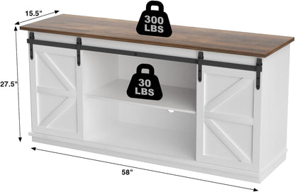 Farmhouse TV Stand with Sliding Barn Doors, Storage Cabinets & Adjustable Shelves