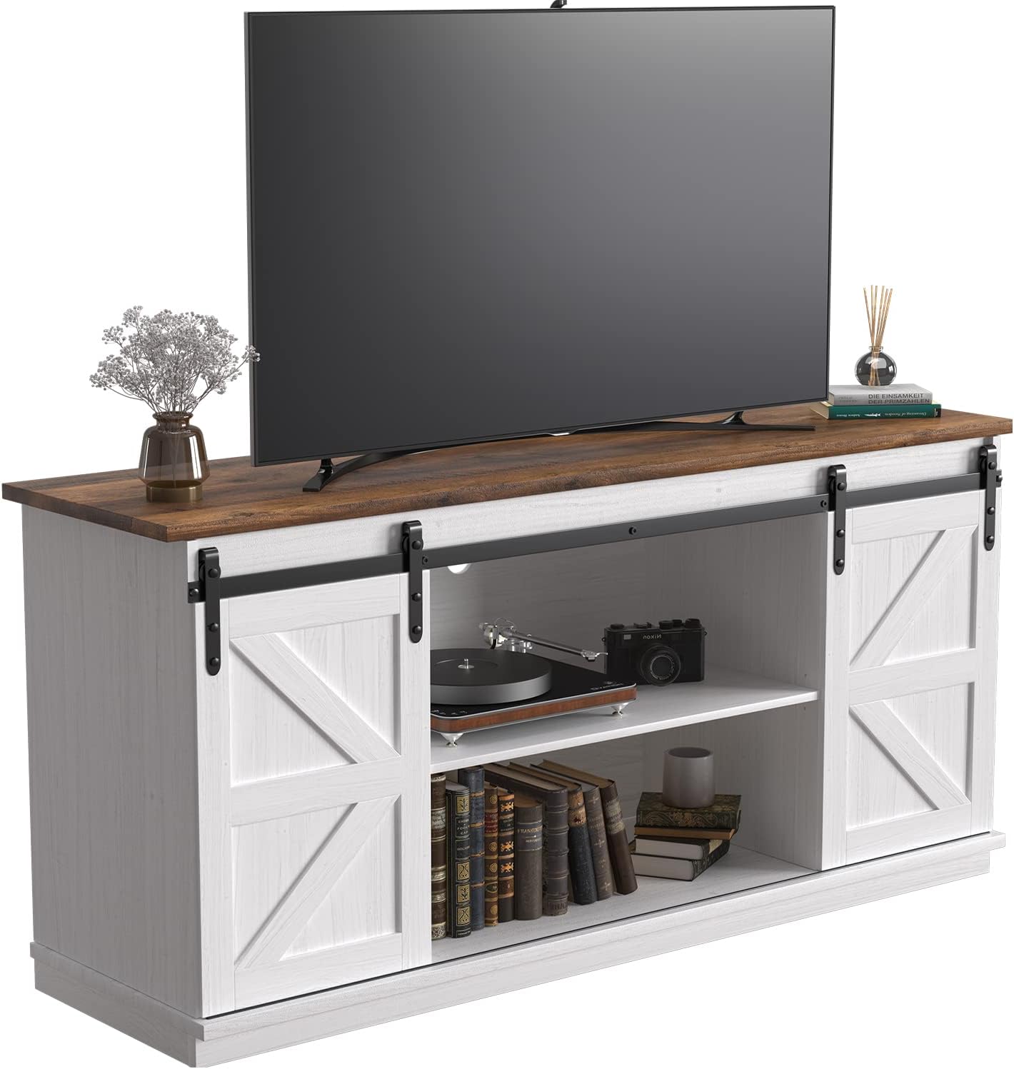 Farmhouse TV Stand with Sliding Barn Doors, Storage Cabinets & Adjustable Shelves