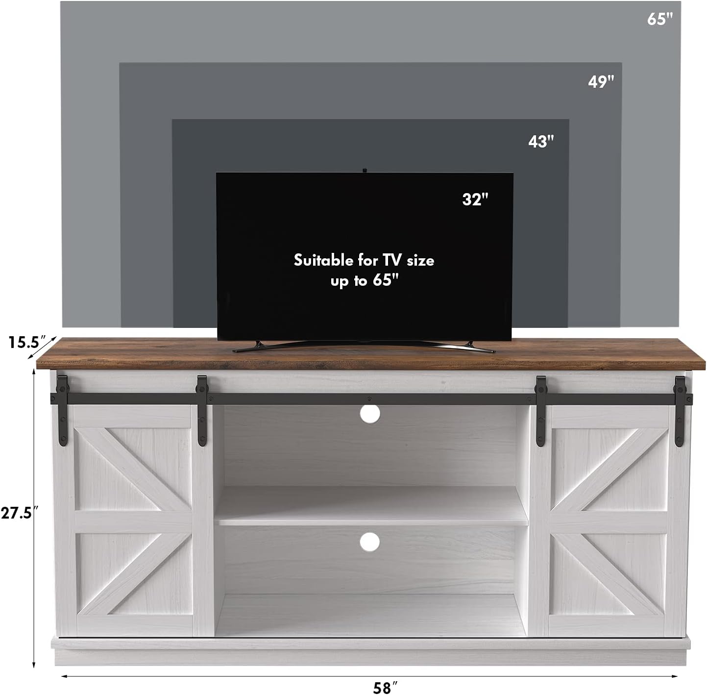 Farmhouse TV Stand with Sliding Barn Doors, Storage Cabinets & Adjustable Shelves
