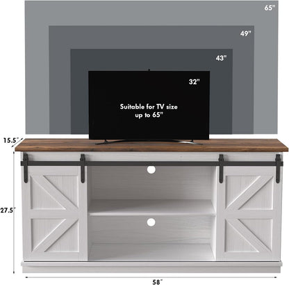 Farmhouse TV Stand with Sliding Barn Doors, Storage Cabinets & Adjustable Shelves