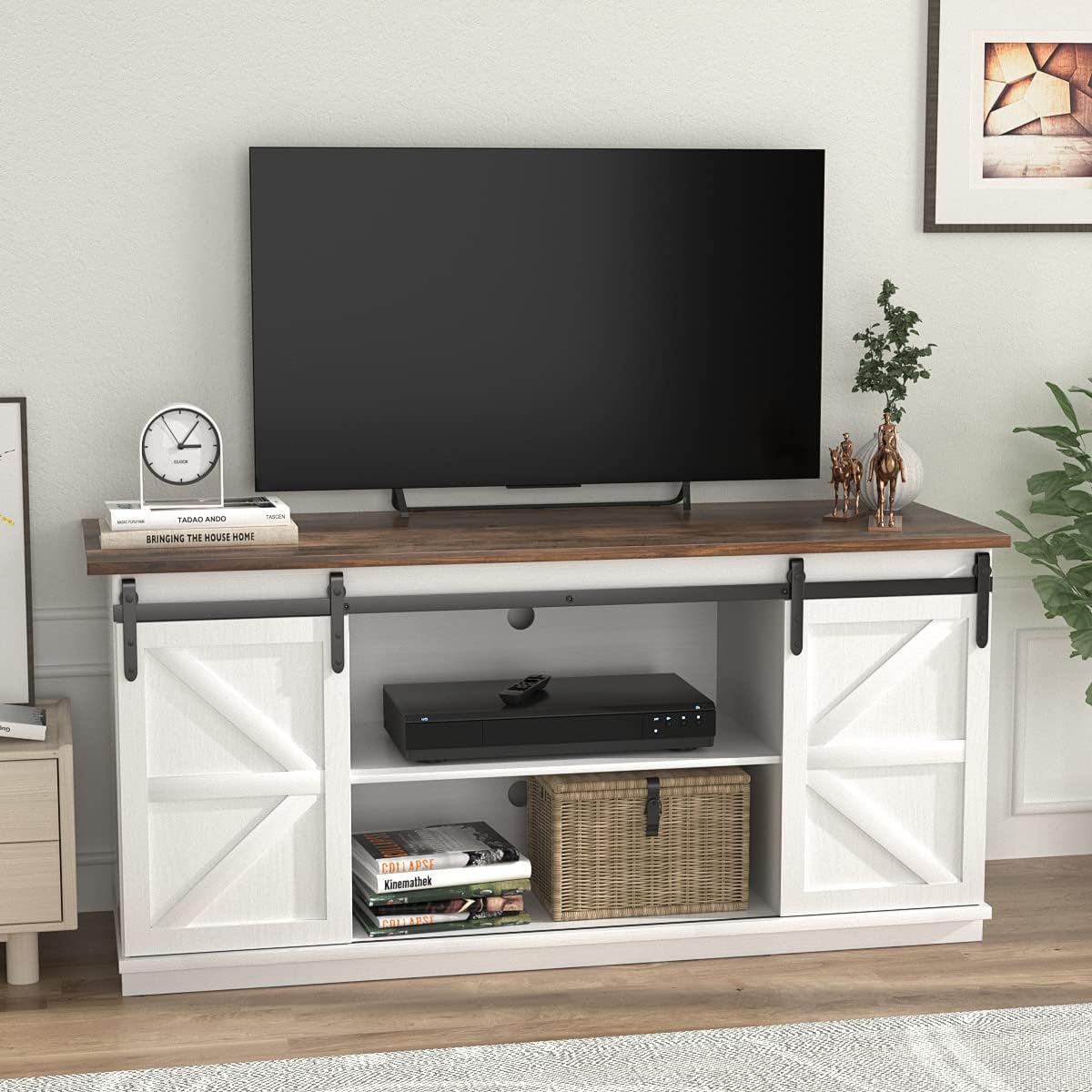 Farmhouse TV Stand with Sliding Barn Doors, Storage Cabinets & Adjustable Shelves