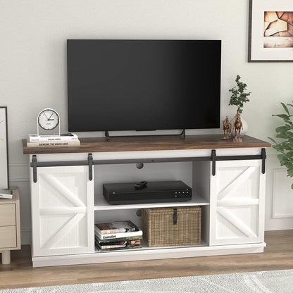 Farmhouse TV Stand with Sliding Barn Doors, Storage Cabinets & Adjustable Shelves