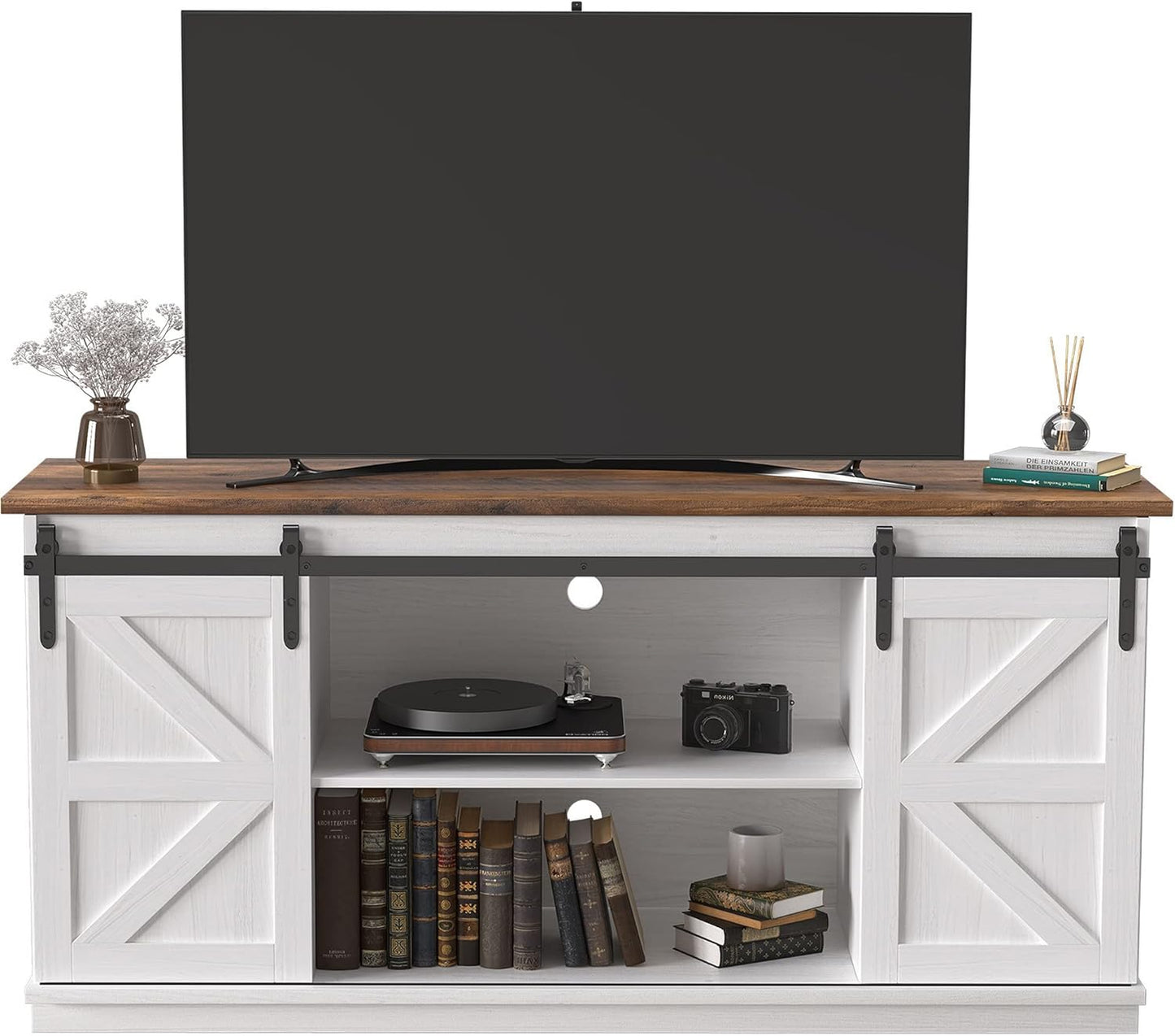 Farmhouse TV Stand with Sliding Barn Doors, Storage Cabinets & Adjustable Shelves