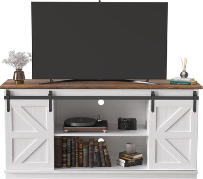 Farmhouse TV Stand with Sliding Barn Doors, Storage Cabinets & Adjustable Shelves