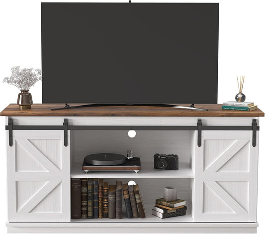 Farmhouse TV Stand with Sliding Barn Doors, Storage Cabinets & Adjustable Shelves