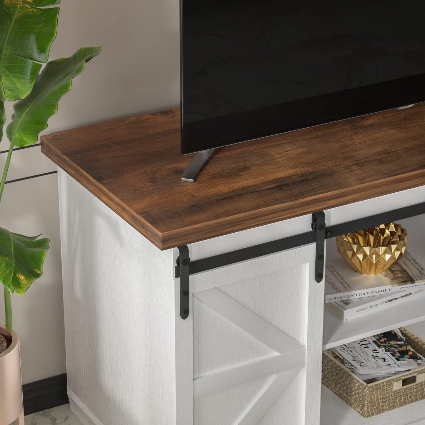 Farmhouse TV Stand with Sliding Barn Doors, Storage Cabinets & Adjustable Shelves