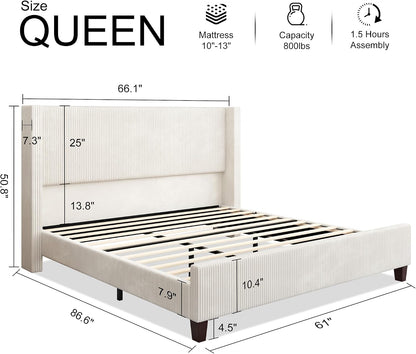  Modern Upholstered Platform Bed, Solid Wood Slats, No Box Spring Needed