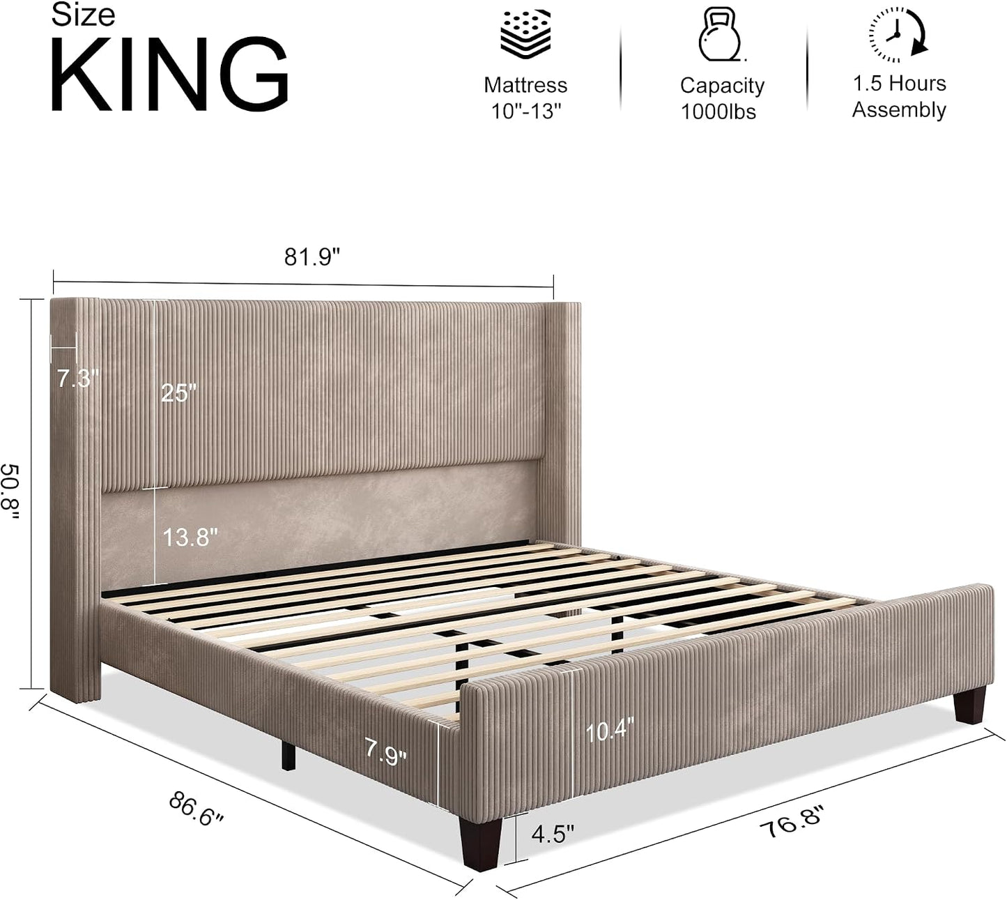 Modern Upholstered Platform Bed, Solid Wood Slats, No Box Spring Needed