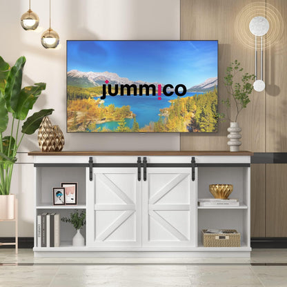 Farmhouse TV Stand with Sliding Barn Doors, Storage Cabinets & Adjustable Shelves