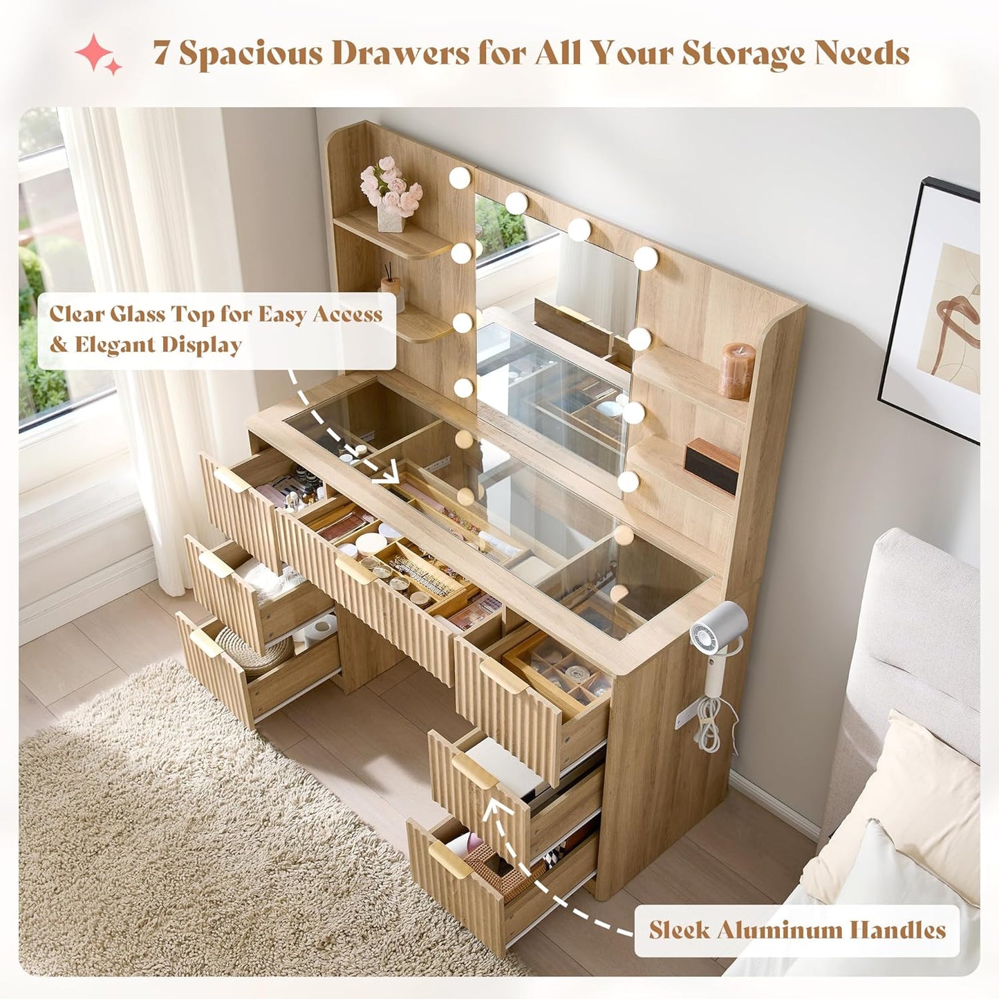 Modern Oak Vanity Desk with Adjustable LED Mirror & Charging Station