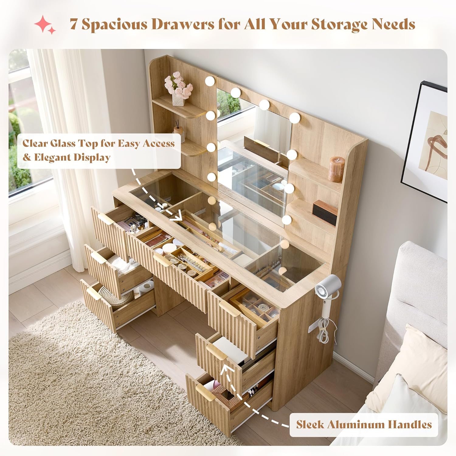 Modern Oak Vanity Desk with Adjustable LED Mirror & Charging Station