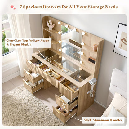 Modern Oak Vanity Desk with Adjustable LED Mirror & Charging Station