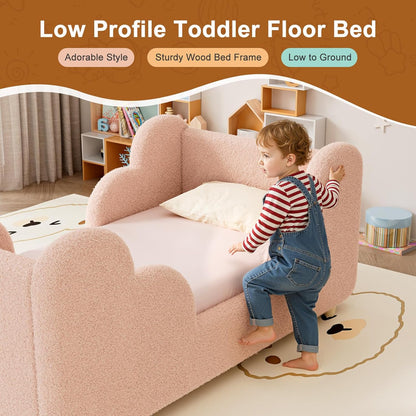 Toddler Bed Frame, Toddler Bed Upholstered, Low Profile Kids Beds with Safety Guardrails Floor Beds with Wood Slats for Girls Boys Children Aged 3-7 Years Old - Crib Size/Pink