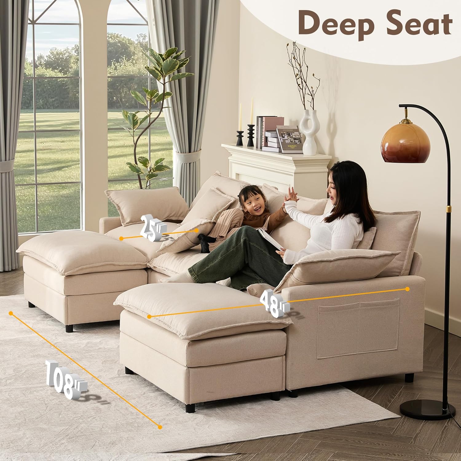 108" U-Shaped Modular Cloud Couch, Removable & Machine-Washable Covers, Movable Ottoman