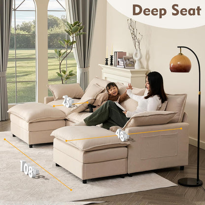 108" U-Shaped Modular Cloud Couch, Removable & Machine-Washable Covers, Movable Ottoman