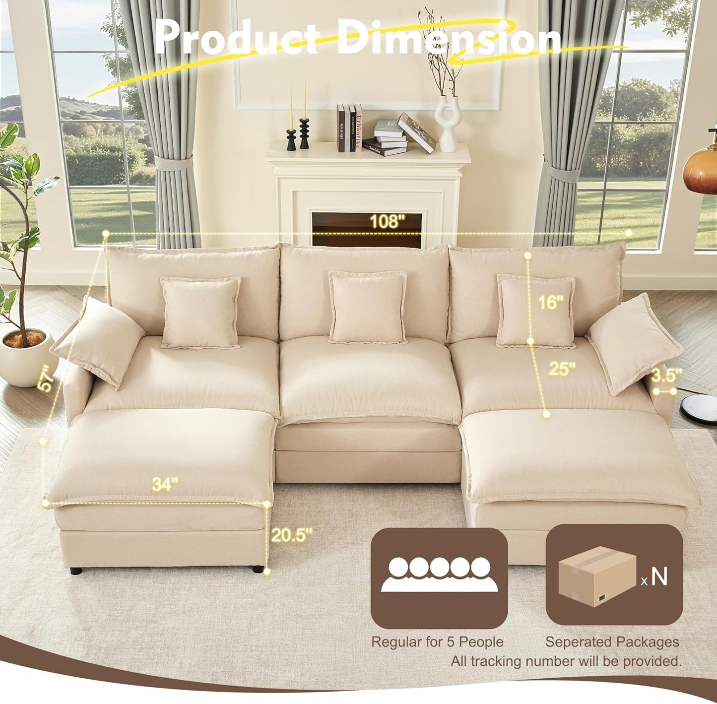 108" U-Shaped Modular Cloud Couch, Removable & Machine-Washable Covers, Movable Ottoman