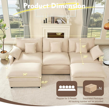 108" U-Shaped Modular Cloud Couch, Removable & Machine-Washable Covers, Movable Ottoman