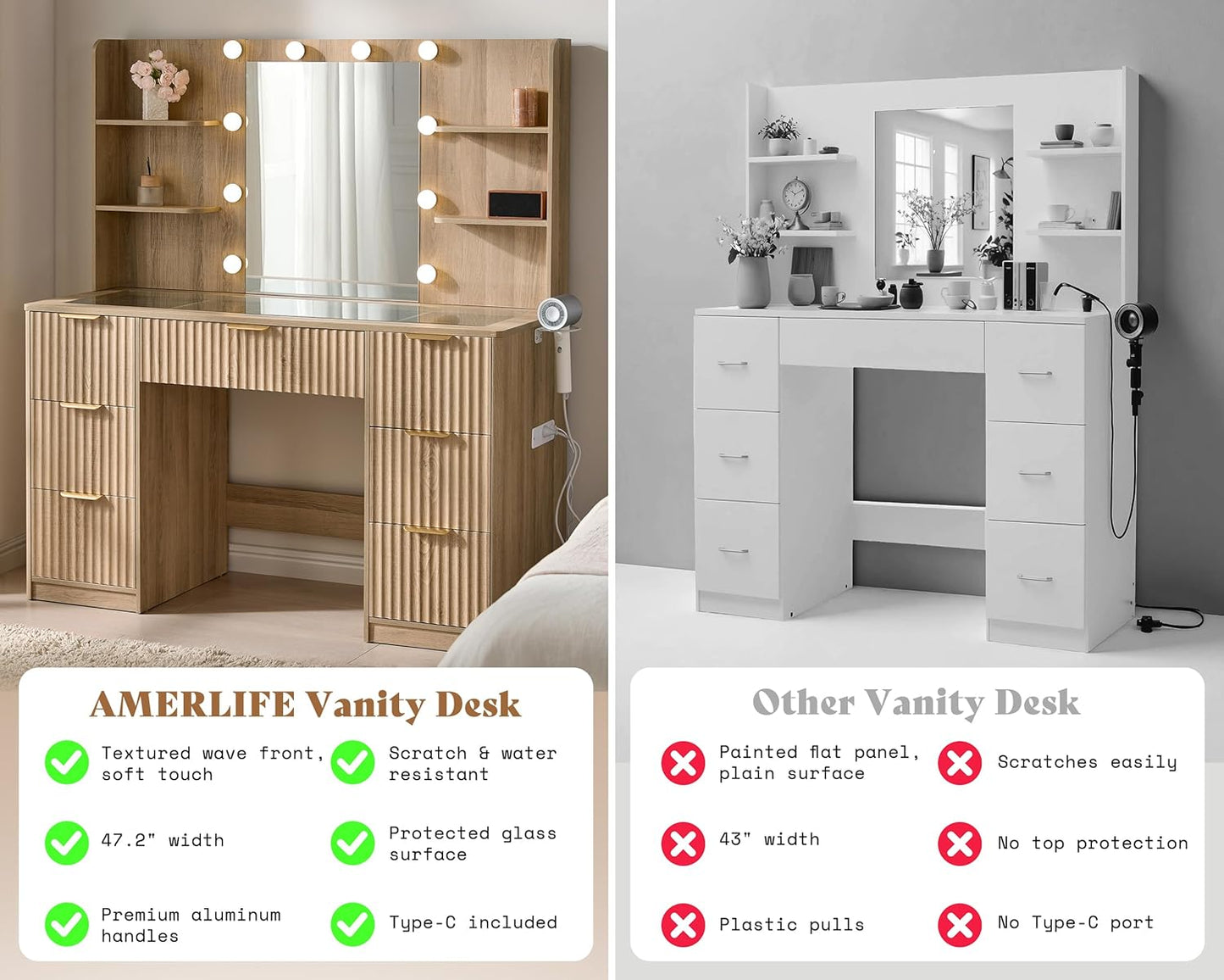 Modern Oak Vanity Desk with Adjustable LED Mirror & Charging Station