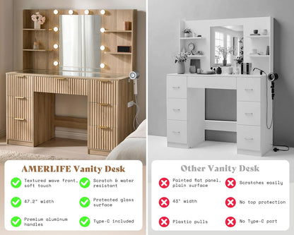 Modern Oak Vanity Desk with Adjustable LED Mirror & Charging Station