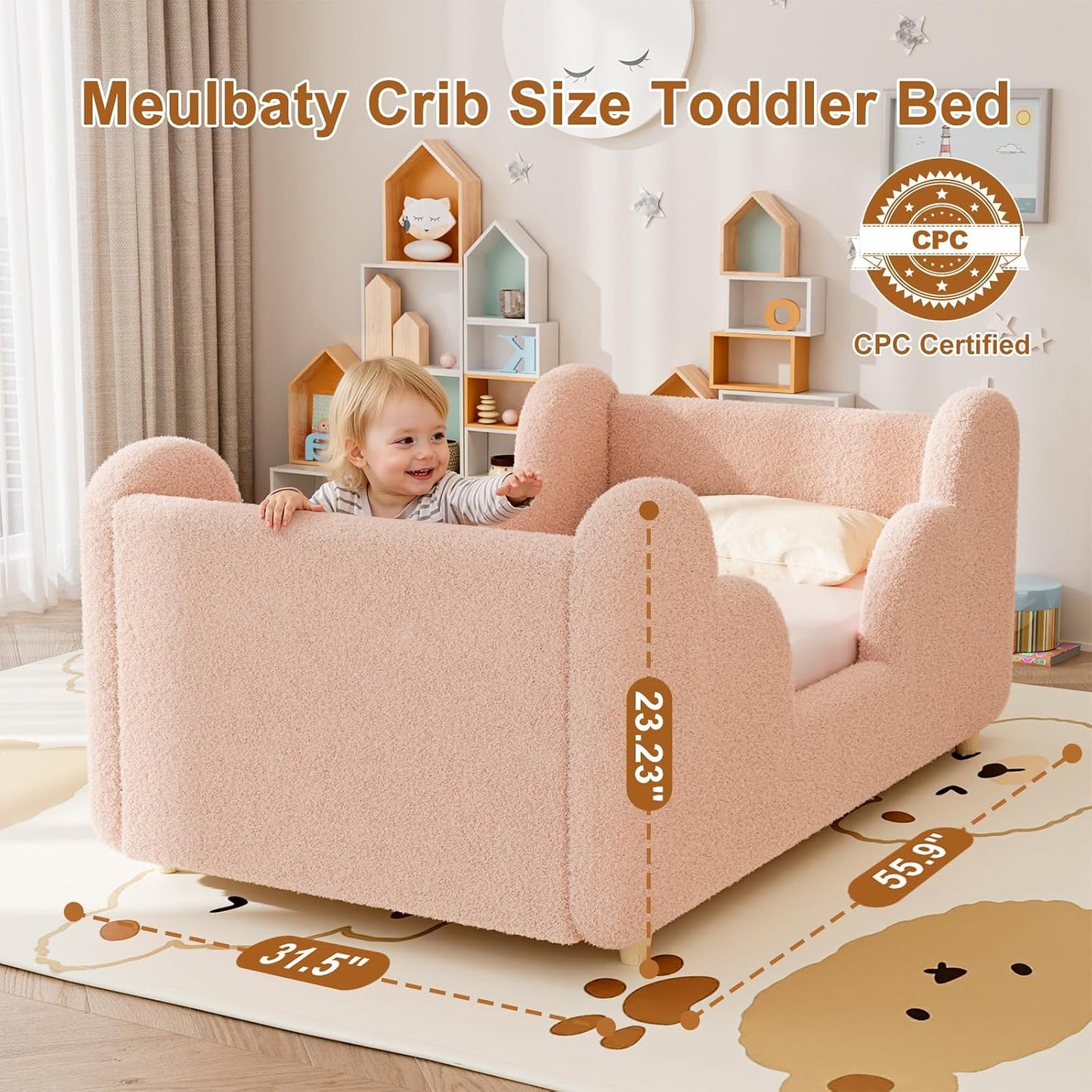 Toddler Bed Frame, Toddler Bed Upholstered, Low Profile Kids Beds with Safety Guardrails Floor Beds with Wood Slats for Girls Boys Children Aged 3-7 Years Old - Crib Size/Pink