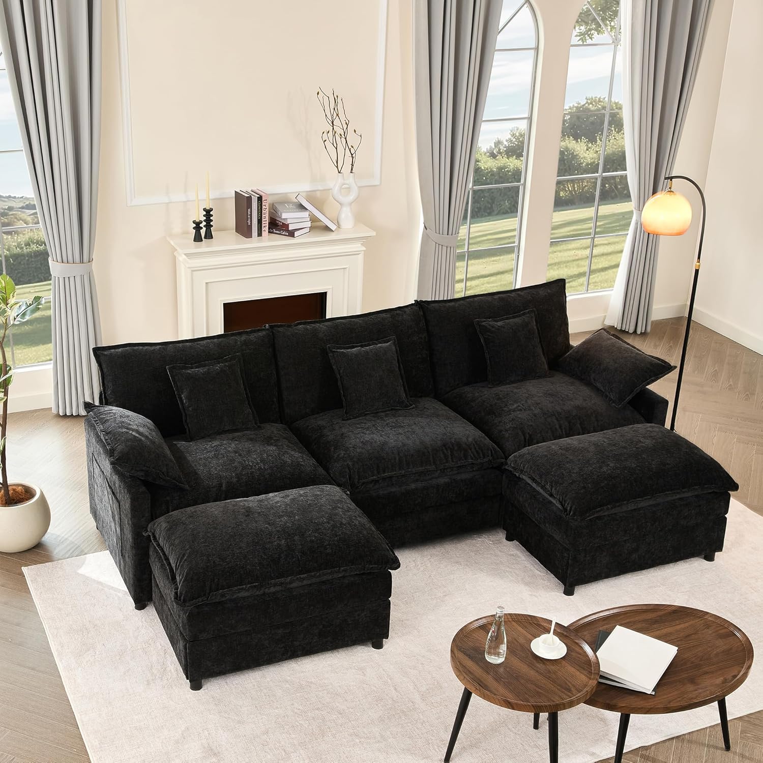 108" U-Shaped Modular Cloud Couch, Removable & Machine-Washable Covers, Movable Ottoman