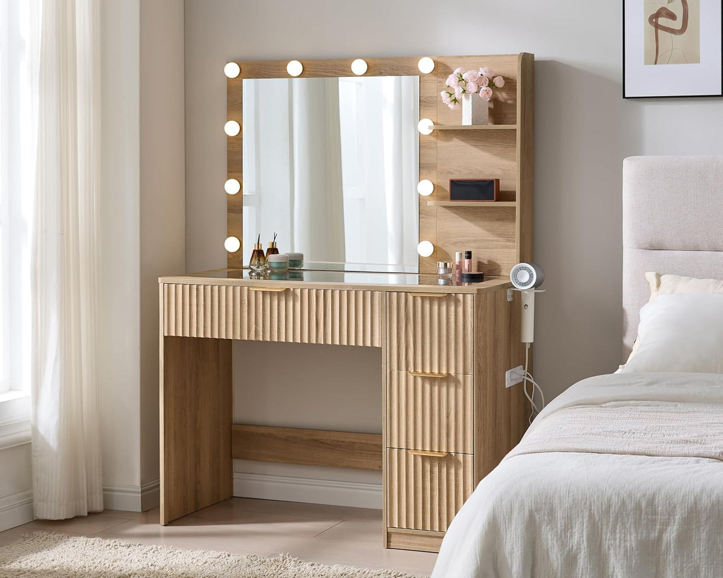 Modern Oak Vanity Desk with Adjustable LED Mirror & Charging Station