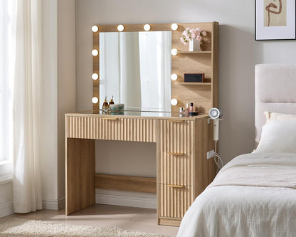 Modern Oak Vanity Desk with Adjustable LED Mirror & Charging Station
