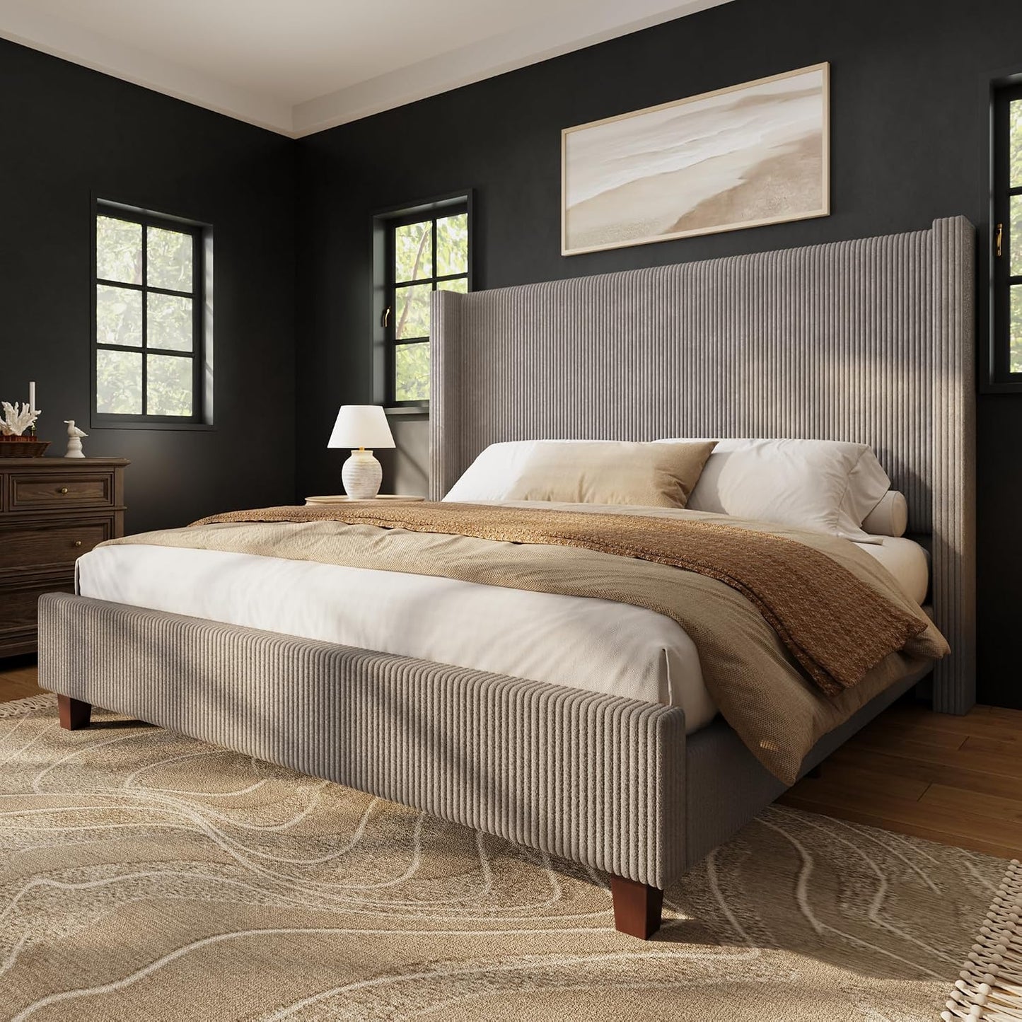 Modern Upholstered Platform Bed, Solid Wood Slats, No Box Spring Needed
