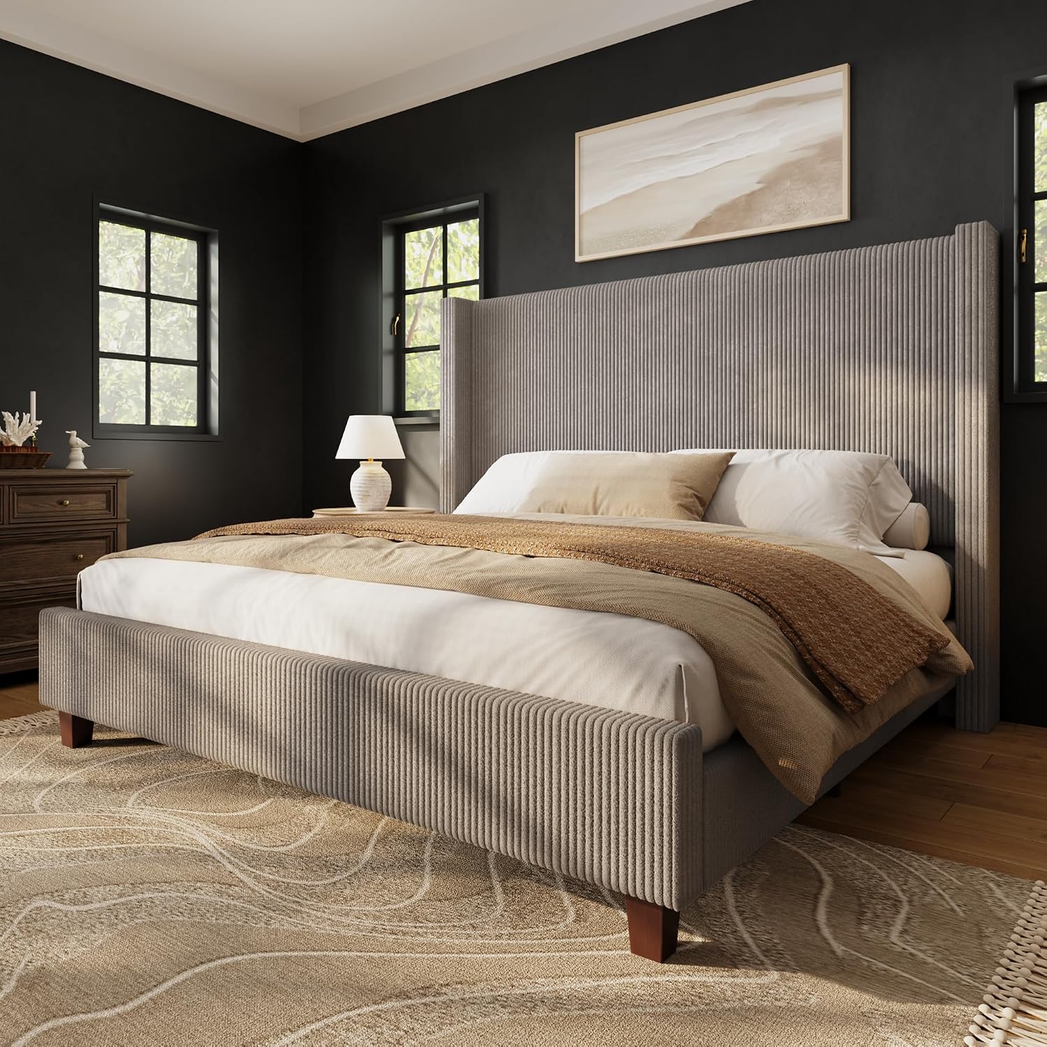 Modern Upholstered Platform Bed, Solid Wood Slats, No Box Spring Needed