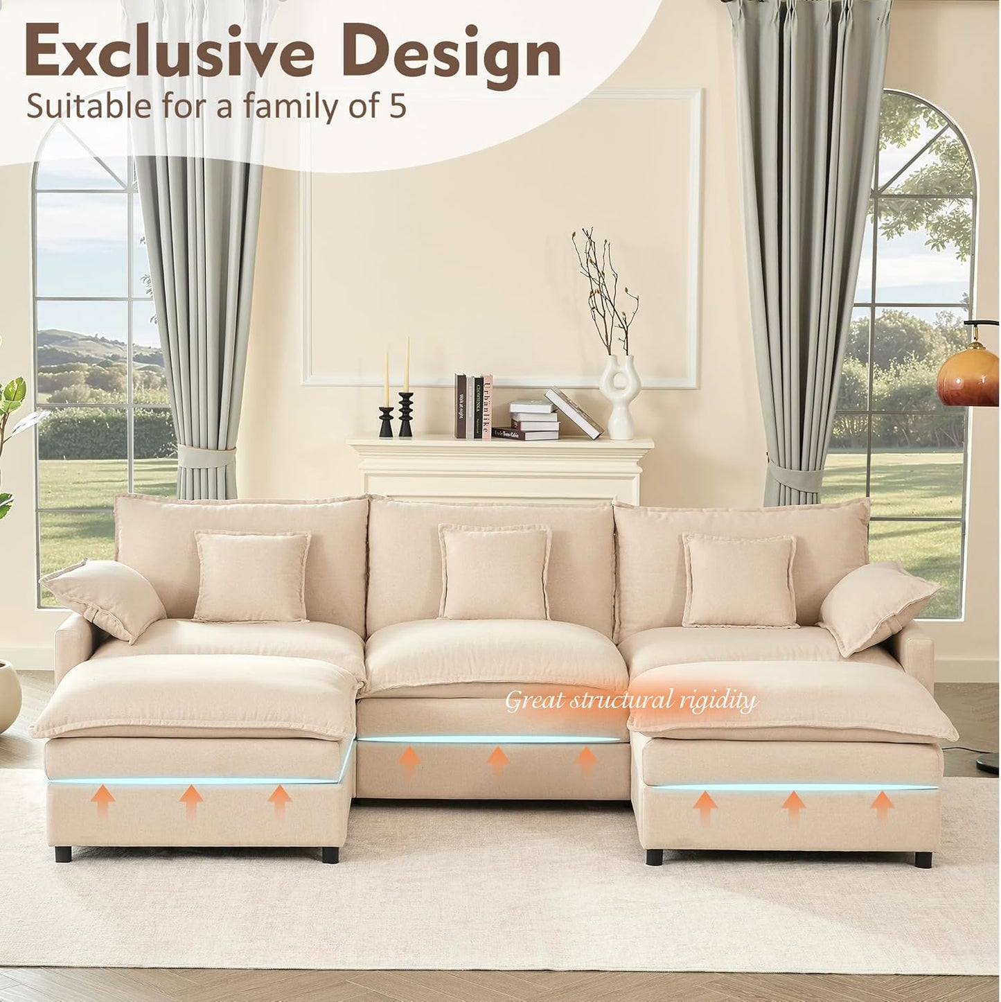 108" U-Shaped Modular Cloud Couch, Removable & Machine-Washable Covers, Movable Ottoman