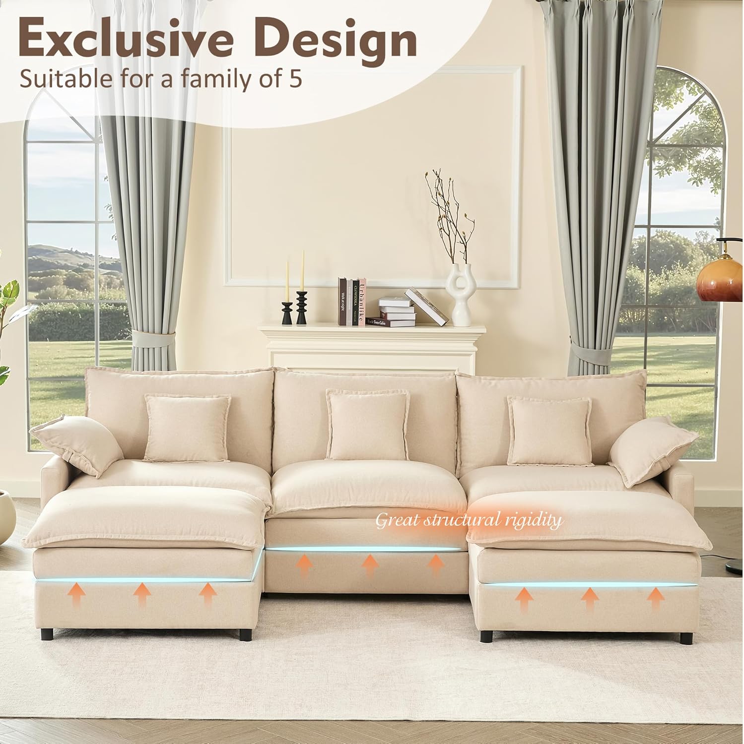 108" U-Shaped Modular Cloud Couch, Removable & Machine-Washable Covers, Movable Ottoman