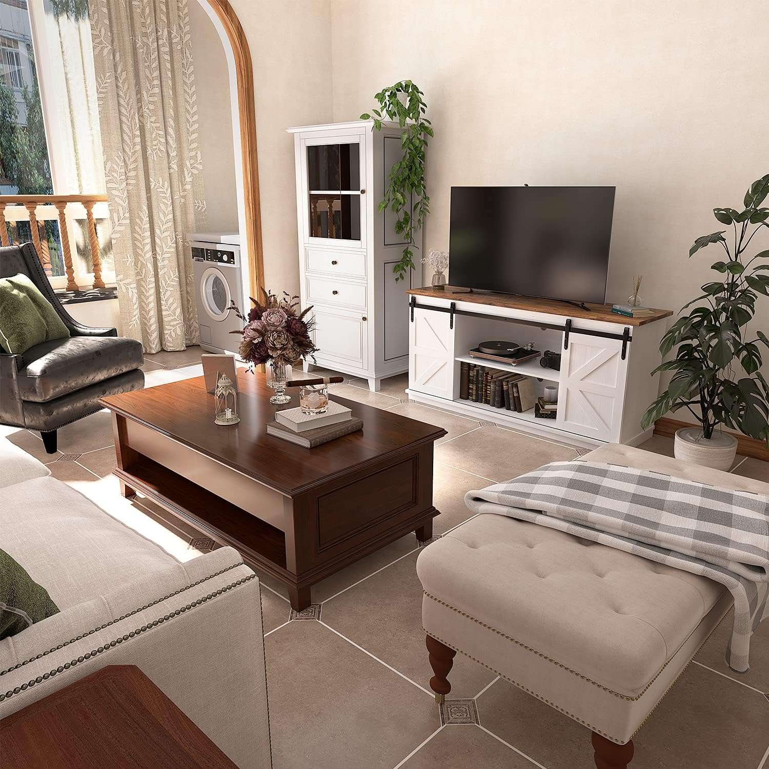 Farmhouse TV Stand with Sliding Barn Doors, Storage Cabinets & Adjustable Shelves