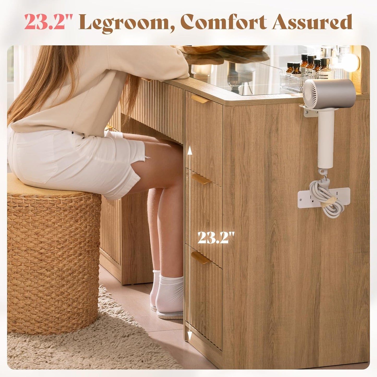 Modern Oak Vanity Desk with Adjustable LED Mirror & Charging Station