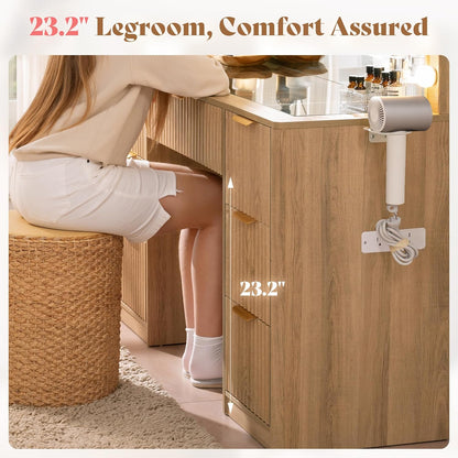 Modern Oak Vanity Desk with Adjustable LED Mirror & Charging Station