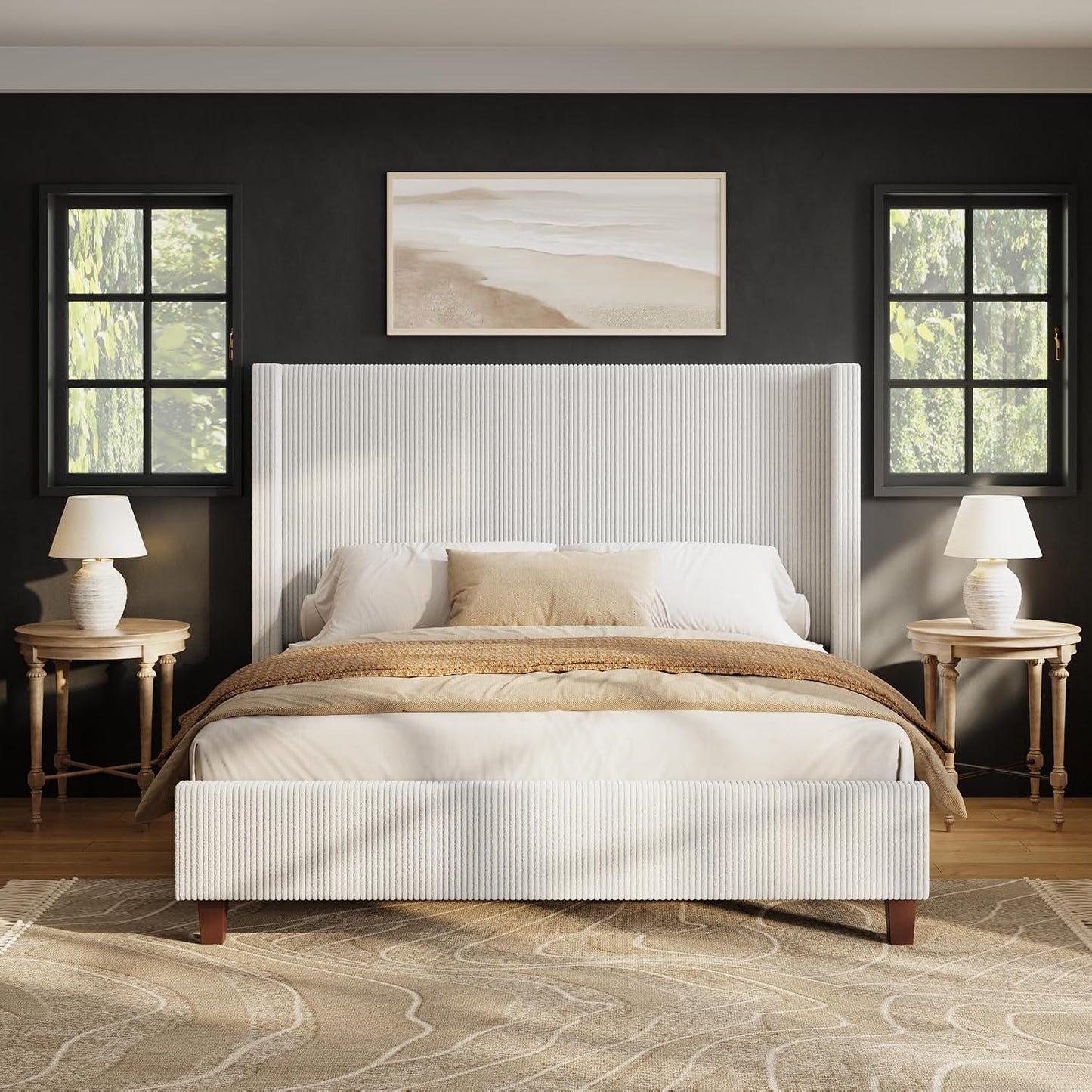  Modern Upholstered Platform Bed, Solid Wood Slats, No Box Spring Needed