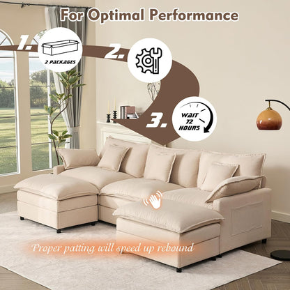 108" U-Shaped Modular Cloud Couch, Removable & Machine-Washable Covers, Movable Ottoman