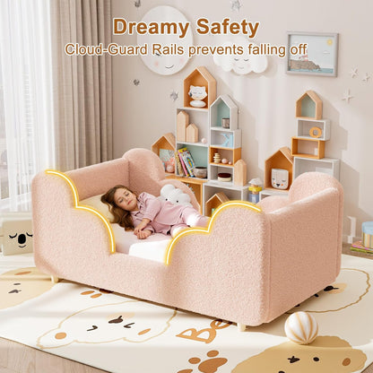 Toddler Bed Frame, Toddler Bed Upholstered, Low Profile Kids Beds with Safety Guardrails Floor Beds with Wood Slats for Girls Boys Children Aged 3-7 Years Old - Crib Size/Pink