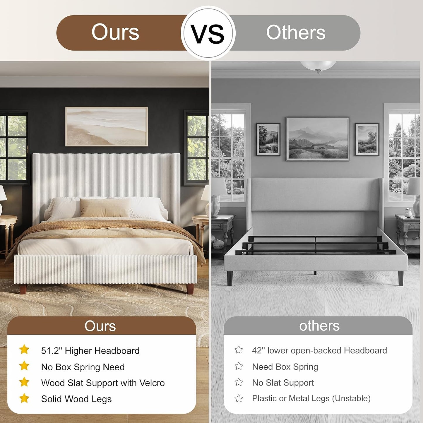  Modern Upholstered Platform Bed, Solid Wood Slats, No Box Spring Needed