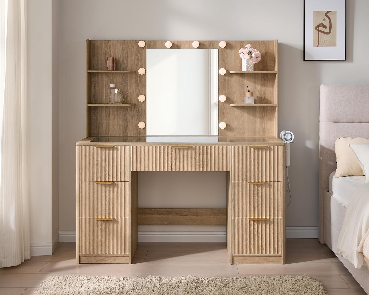 Modern Oak Vanity Desk with Adjustable LED Mirror & Charging Station
