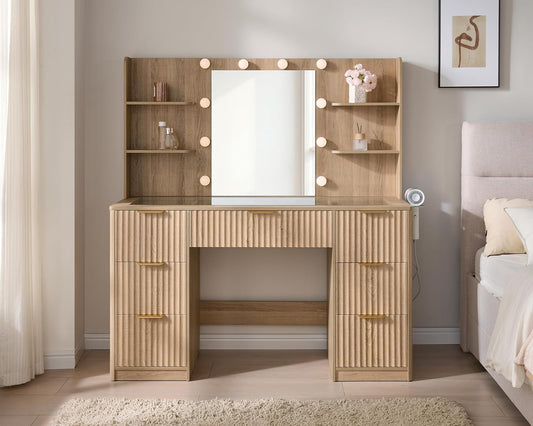 Modern Oak Vanity Desk with Adjustable LED Mirror & Charging Station
