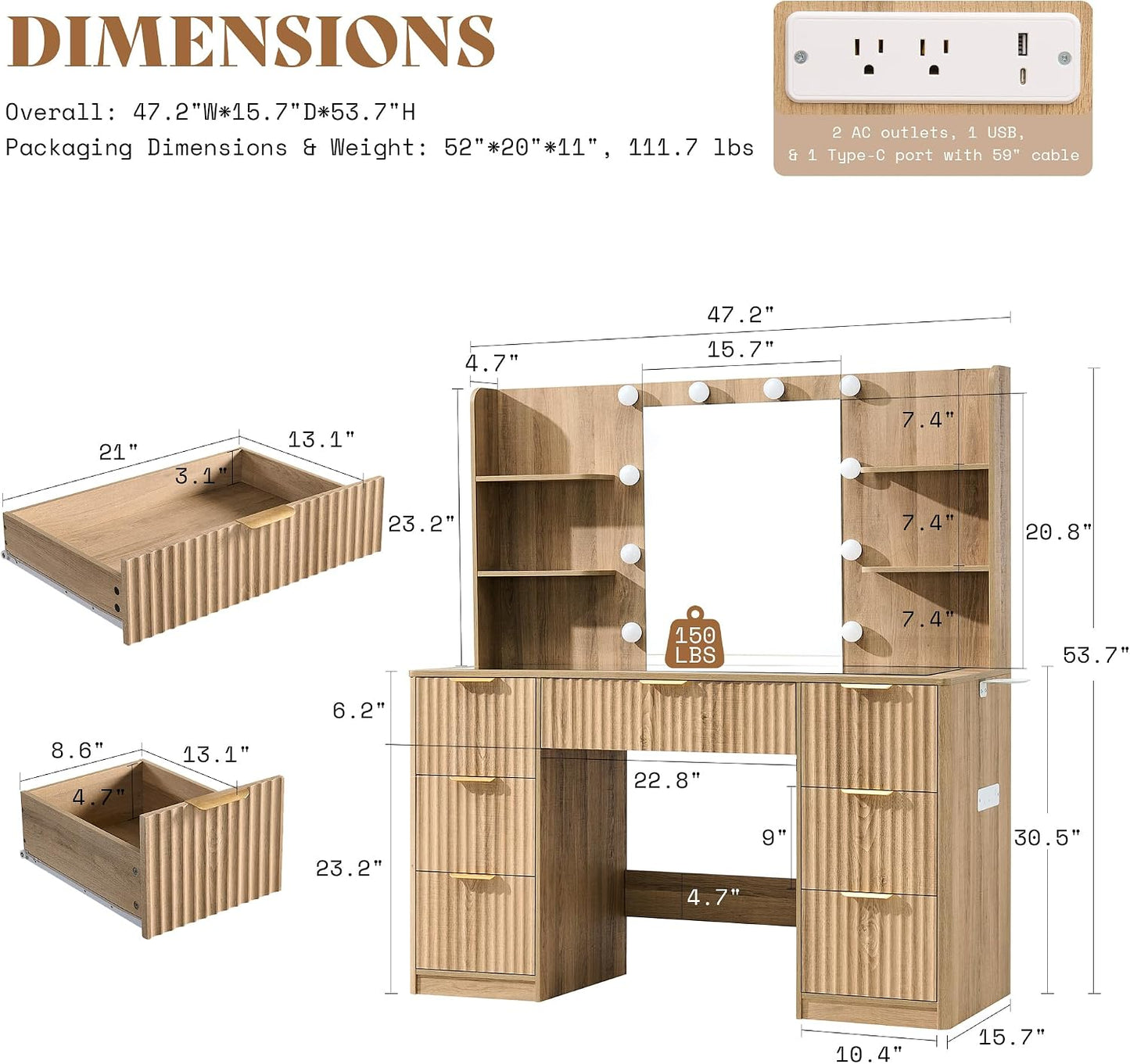 Modern Oak Vanity Desk with Adjustable LED Mirror & Charging Station