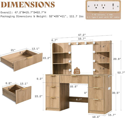Modern Oak Vanity Desk with Adjustable LED Mirror & Charging Station