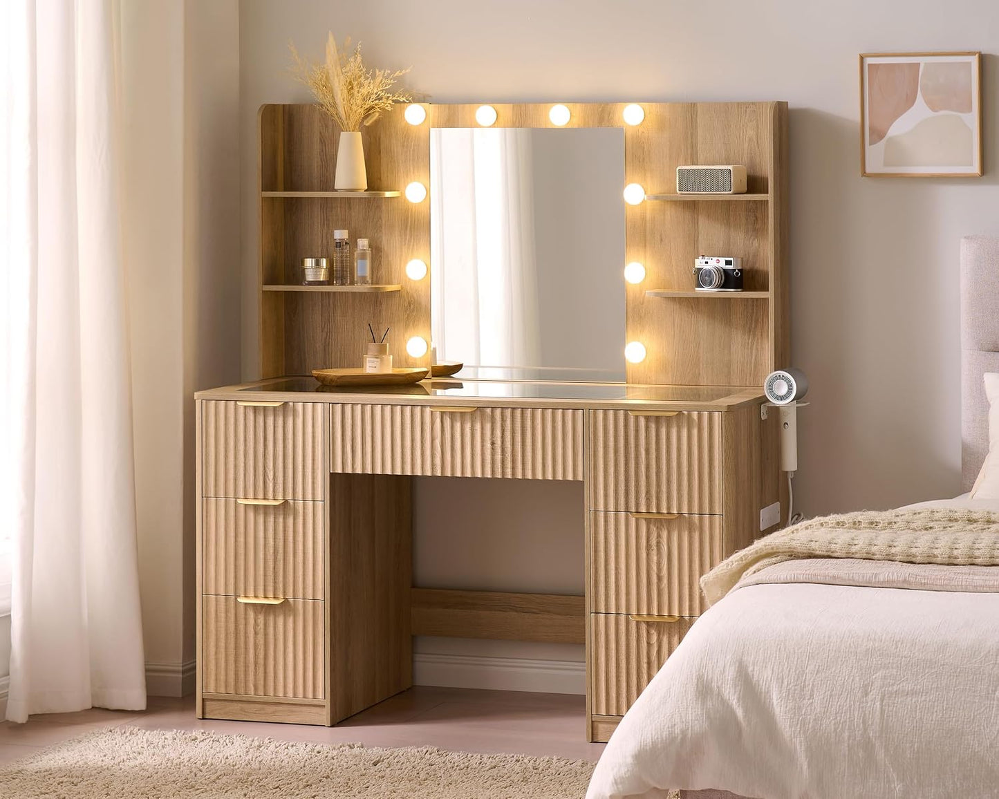 Modern Oak Vanity Desk with Adjustable LED Mirror & Charging Station