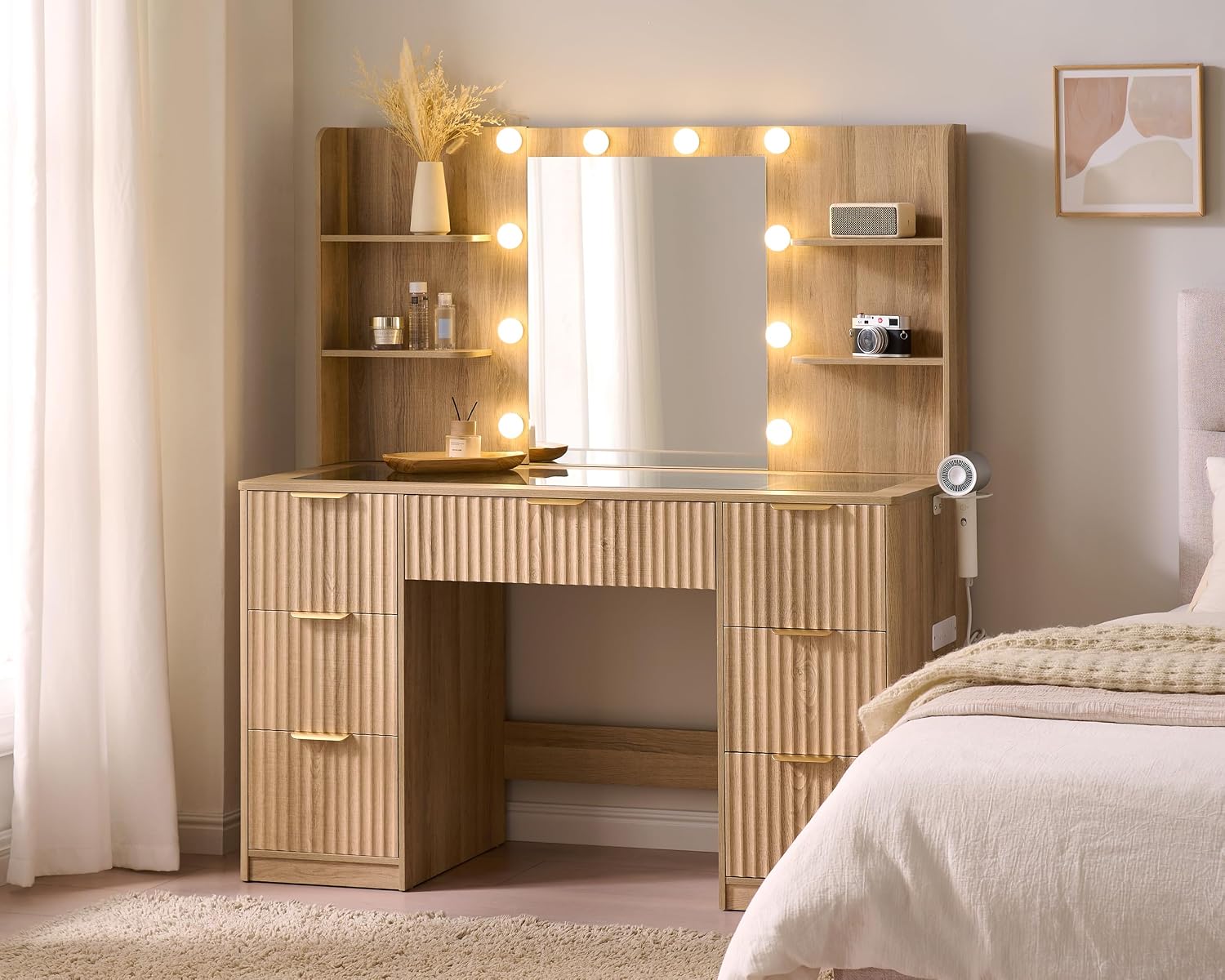 Modern Oak Vanity Desk with Adjustable LED Mirror & Charging Station
