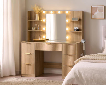 Modern Oak Vanity Desk with Adjustable LED Mirror & Charging Station