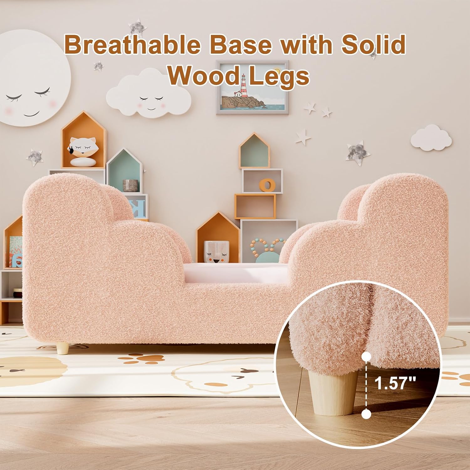 Toddler Bed Frame, Toddler Bed Upholstered, Low Profile Kids Beds with Safety Guardrails Floor Beds with Wood Slats for Girls Boys Children Aged 3-7 Years Old - Crib Size/Pink